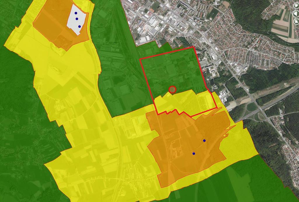 Slika 8: Prikaz zajetij in VVO (vir: AO, ARSO, junij 2015) meja OPPN zajetja Betnava 1, 2, 3 zajetji Bohova 1,2 Legenda: zelena barva: VVO III Rumena barva: VVO II Oranžna barva: VVO I V nadaljevanju