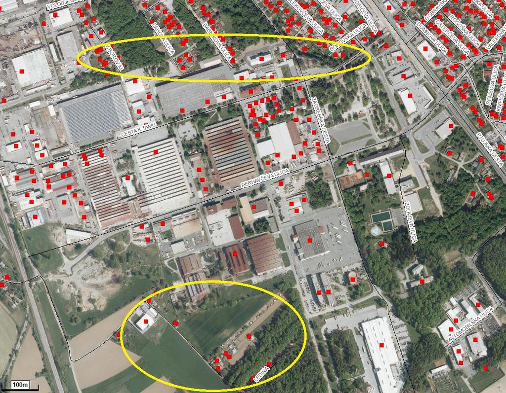Slika 11: Prikaz konfliktnih območij na območju PC Tezno Konfliktno območje 1 Konfliktno območje 2 Legenda: rdeči kvadratki so objekti s hišnimi številkami Območje OPPN je v osnovi razdeljeno na dve