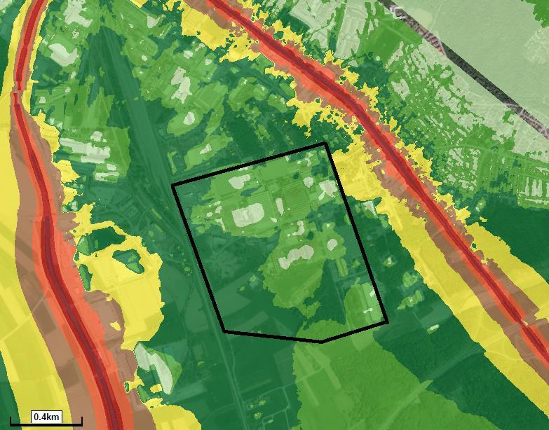 Slika 15: Karta hrupa-pomembne ceste DRSC v okolici PC Tezno L noč (vir: ARSO) Legedna: črna linija-okvirni prikaz mej OPPN POMEMBNO!
