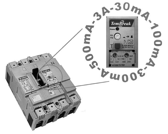 PREKIDAČI SA STRUJNOM ZAŠTITNOM SKLOPKOM (CBR) - diferencijalna zaštita, i, In 00A-2A, mogućnost podešavanja preostale struje 3mA - 3A, IEC 60947-2, EN 60 647-2, TERASAKI Nazivna struja Prekidna moć