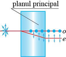 Polarizarea şi dispersia luminii incidentă este divizată la refracţie în două raze separate spaţial.