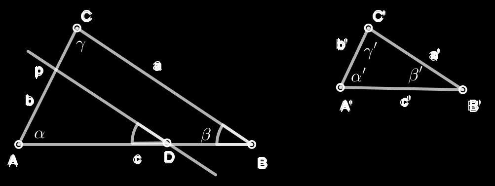 S K S s) Dva su trokuta slična ako i samo ako su im dvije stranice proporcionalne a kutovi medu njima jednaki. Dokaz. Nužnost je trivijalna. BSOMP b b = c c, α = α. BSOMP b < b.