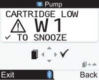 Įspėjimas dėl greit ištuštėsiančios kapsulės įspėjimas rodomas matuoklio ekrane Pump (pompa), dukart paspauskite, kad jį atidėtumėte ir patvirtintumėte. Pakeiskite kapsulę, kol ji neištuštėjo.