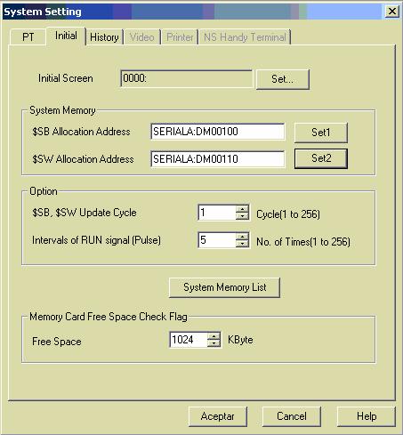 6.3 Definir as áreas de memoria do PLC que van a xestionar a pantalla Eliximos a pestana Initial. - En $SB Allocation Address definimos a memoria de bit de sistema.