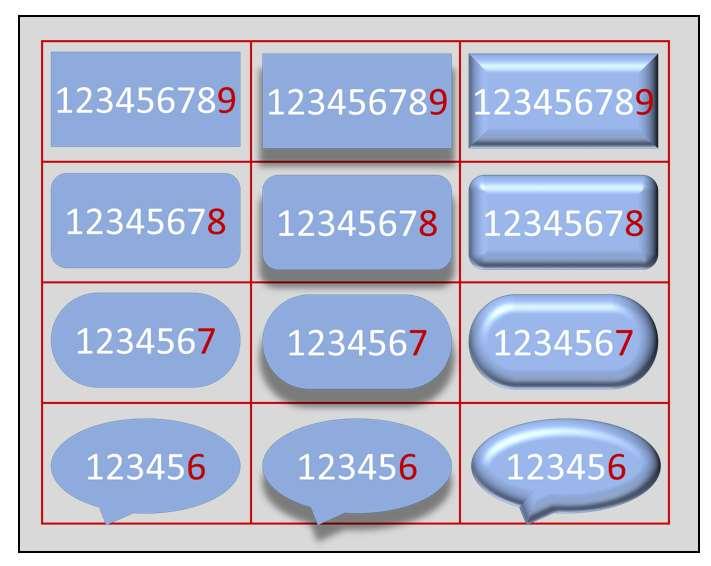 127 6 pav. Lentelėje, kurios visi langeliai vienodo aukščio ir pločio, pateiktos įvairios figūros, kurių plotis vienodas. Jose vienodu šriftu įrašyti skaitmenys.