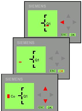 Tải nối với ngõ ra relay Q1. Khi bắt đầu lập trình, logo! hiển thị ngõ ra Q1, ta thấy có xuất hiện một dấu gạch ngang (- ).