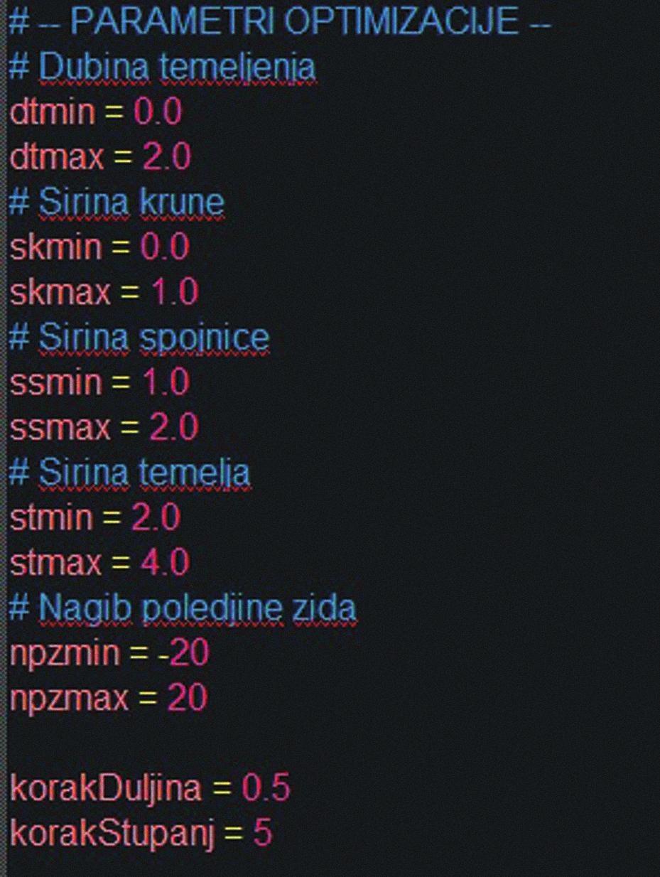 Položaj rezultante mora biti u srednjoj trećini dna lamele da ne bude vlačnih naprezanja u zidu. 4.4 Pokretanje algoritma Slika 10 U datoteci početni parametri unesemo parametre iz točke 4.1. koji su konstantni parametri modela, kao što je vidljivo na slici 9.