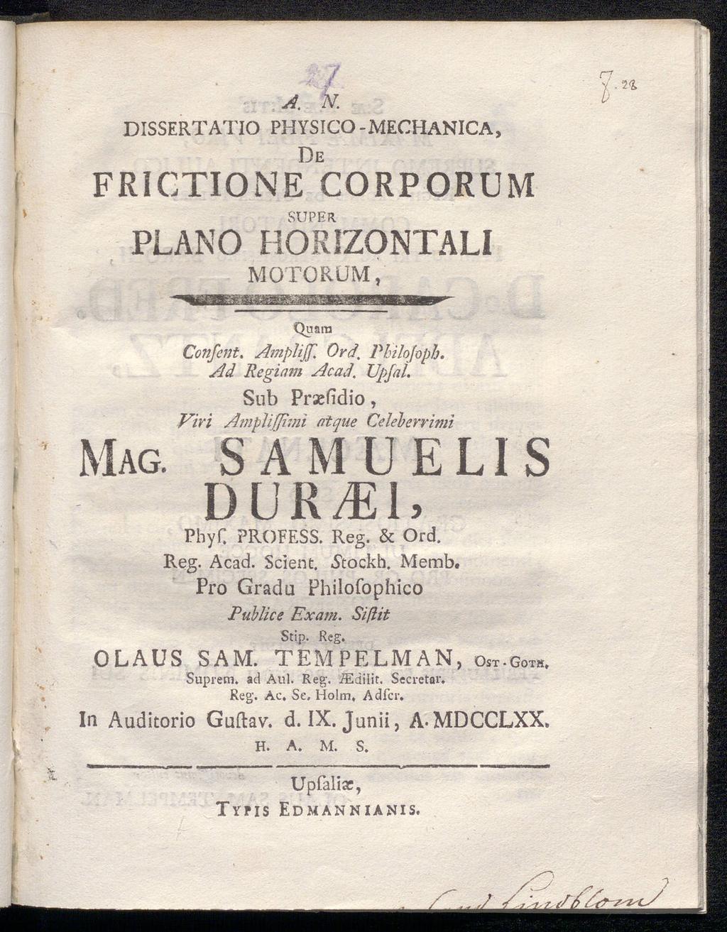 / π : / y - 2 Χ k» DISSERTATIO PHYSICO -MECHANICA, De FRICTIONE CORPORUM SUPER PLANO HORIZONTALI ΜΟΤΟRUM, MAG. Quam Confent. Amplijf, Ord\ Philojoph. Ad Regiam Acad.