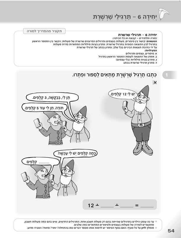 בעמוד 58 מופיעות פעילויות המאפשרות התאמה לרמות שונות של תלמידים: בפעילות 3 מומלץ לעודד תלמידים מתקדמים להמציא תרגילים במספרים גדולים מ 20.