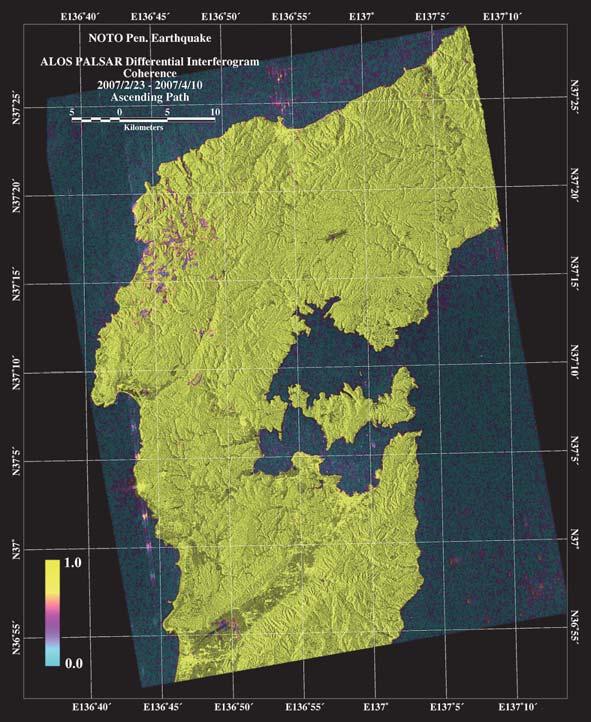 Fig. /. Coherence map derived from di# erential interferogram calculated from PALSAR data acquired on,- February,,**1 and +* April,,**1. +*. PALSAR JAXA ERSDAC +*. ++. +/.