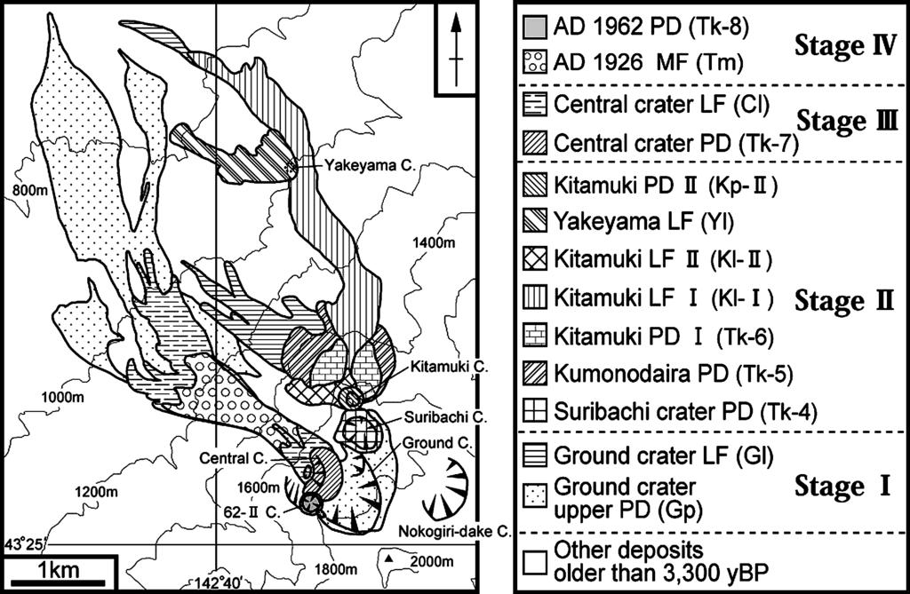 -,-** 257 Fig... Geological map of Tokachi-dake volcano, showing deposits ejected during the last -,-** years. Contour lines are,** m intervals.