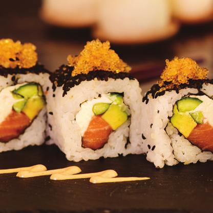 50 Volcano Rolls / Βολκάνο Ρολ Fresh salmon, cucumber, avocado, crispy salmon flakes, spring onions, orange fish