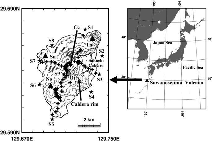 - P 77 Fig + Right : Location map of Suwanosejima Volcano Left : Map of seismic stations of the active seismic survey Solid stars and crosses represent artificial shots and seismic stations,