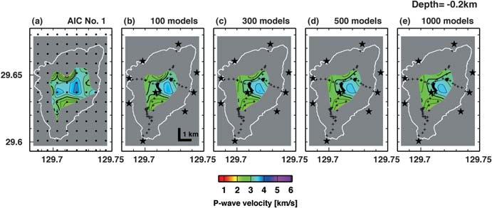 80 Fig, Plan view of the obtained P-wave velocity distributions at a depth of *, km (a) is the velocity distribution calculated from a model with minimum AIC (Akaike s Information Criteria) Dots show