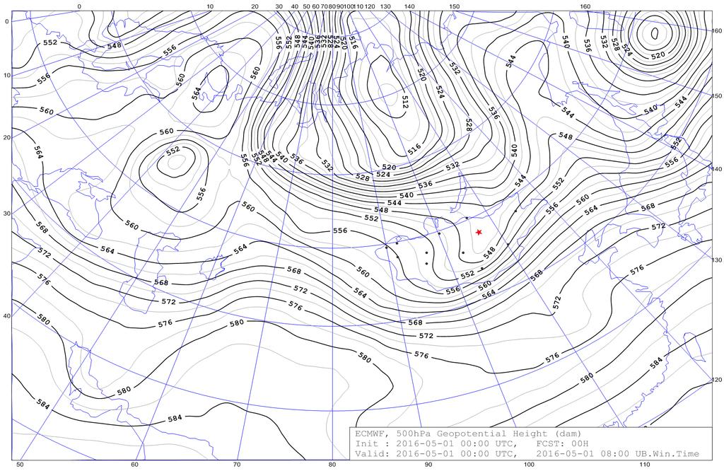 Шинжлэх Ухааны Академийн Мэдээ 2017 оны 02 (226) 01 (221) Зураг 7. 2016 оны 5 дугаар сарын 1-ний өдрийн 08 цагийн 500 гпа гадаргын өндрийн зураг Зураг 8.