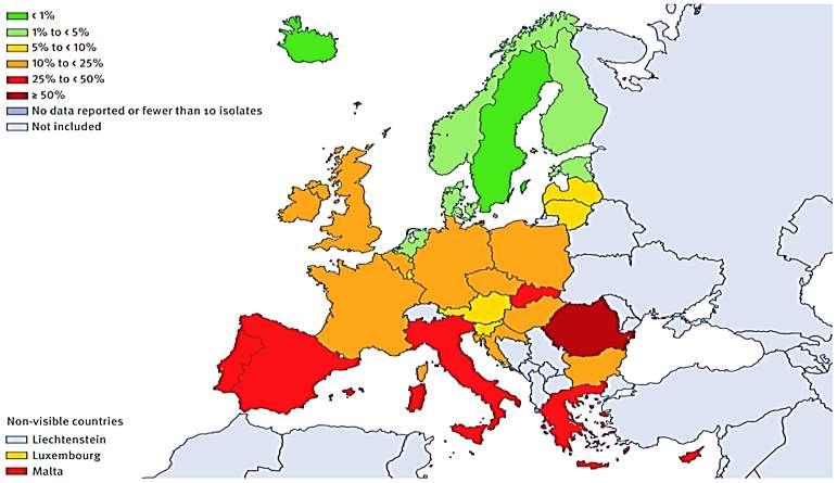 Τα ποσοστά των MRSA στελεχών παραμένουν υψηλά σε πολλές χώρες της Ευρώπης, συμπεριλαμβανομένης της Ελλάδας 1 Staphylococcus aureus: Ποσοστό (%) απομονωθέντων διεισδυτικών στελεχών με αντοχή στη