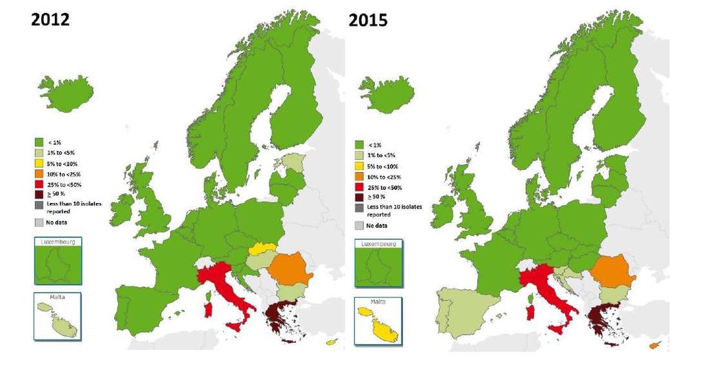 Latest data on antibiotic resistance in the European Union EARS-Net surveillance data November 2016 Klebsiella pneumoniae: percentage of invasive isolates with resistance to carbapenems, EU/EEA, 2012