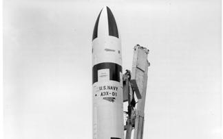 USS George Washington (SSBN-598) at sea. The U.S. Navy UGM-27 Polaris A-3 submarine-launched ballstic missile on the pad in Cape Canaveral, circa 1964.