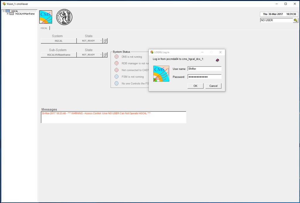 CHAPTER 5. THE HGCAL TEST BEAM DETECTOR CONTROL SYSTEM Figure 5.5: The log in pop up. In order for someone to operate the FSM, he has to enter the correct credentials for one of the predefined users.