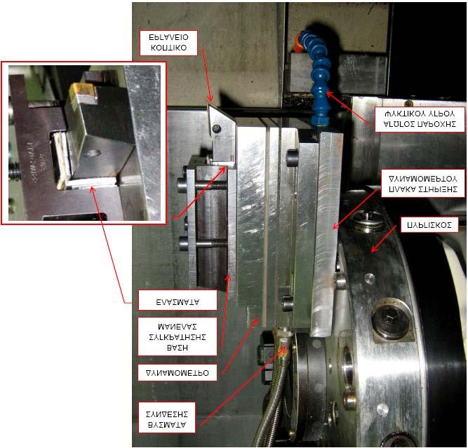 3.6 Κοπή 3.6.1 Προετοιμασία εργαλειομηχανής Για την εκτέλεση των πειραμάτων απαιτηθήκαν δύο κοπτικά εργαλεία, εκ των οποίων το ένα προσαρμόστηκε επάνω στο δυναμόμετρο.