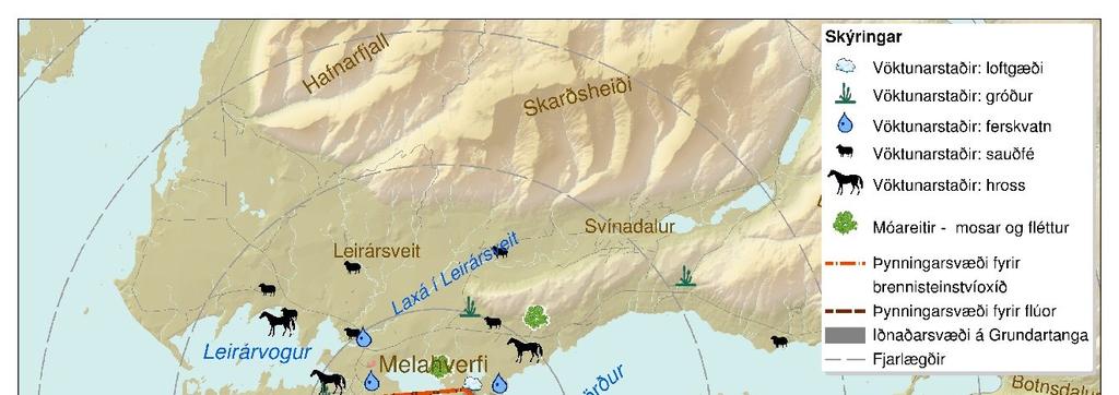 3.1 Vöktunarstaðir Yfirlit yfir vöktunarstaði umhverfisvöktunar iðnaðarsvæðisins á Grundartanga fyrir loftgæði, ferskvatn, móareiti, gróður og grasbíta (sauðfé og hross) árið 215, má sjá á mynd 3.1. Mynd 3.