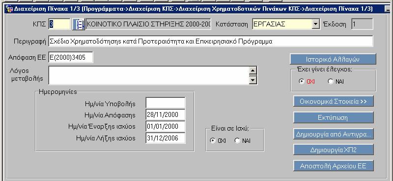 3.2 ΕΙΣΑΓΩΓΗ ΧΡΗΜΑΤΟ ΟΤΙΚΩΝ ΠΙΝΑΚΩΝ ΚΠΣ Προϋπόθεση: Θα πρέπει να έχει προηγηθεί ο ορισµός του ΚΠΣ (αρµοδιότητα Α του ΚΠΣ) και τουλάχιστον τα στοιχεία ταυτότητας των ΕΠ.