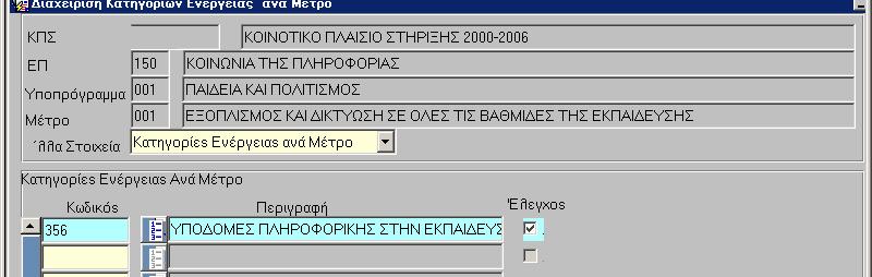 Η καταχώριση µιας κατηγορίας ενέργειας γίνεται από το list box όπου ανοίγει menu επιλογών µε όλες τις Κατηγορίες Ενέργειας, που υπάρχουν καταχωρισµένες