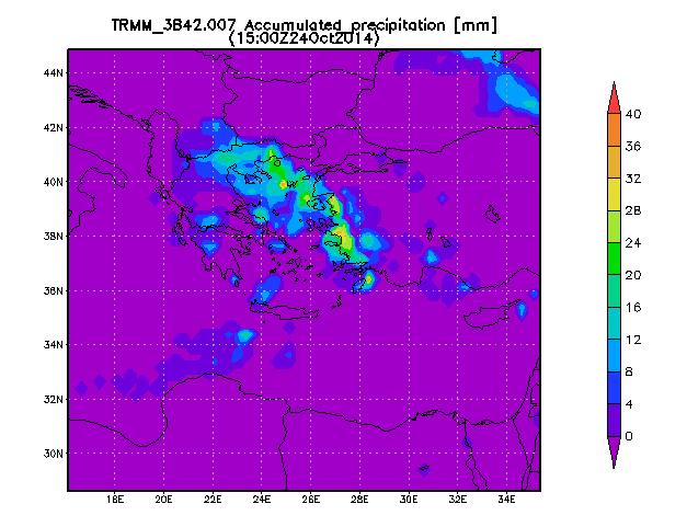 Εικόνα 3.2.1.4: Απεικόνιση των δεδομένων βροχής του TRMM στις 15UTC. Στη συνέχεια γίνεται η ανάλυση των δορυφορικών δεδομένων βροχόπτωσης MPE.