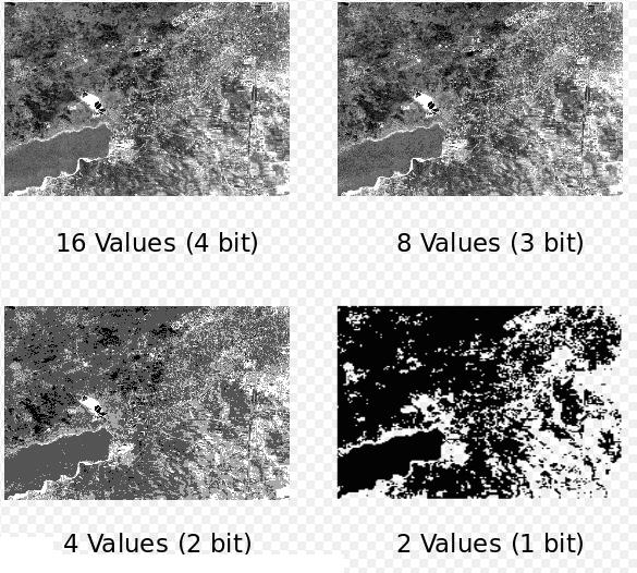 Εικόνα 2.2.3: Ψηφιακές εικόνες διαφορετικής ραδιομετρικής ανάλυσης με 2, 4, 8 και 16 επίπεδα. Χρονική Ανάλυση Η χρονική ανάλυση αφορά την συχνότητα λήψης εικόνων για μια συγκεκριμένη περιοχή.