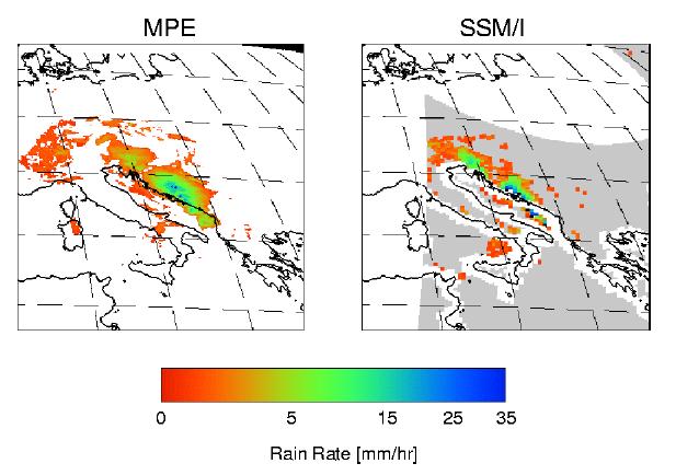 Εικόνα 2.6.1: Ποσοστά βροχής από τον MPE και τον SSM/I στην Κεντρική και Νοτιοανατολική Ευρώπη, 11/8/2002 στις 06.00 UTC.