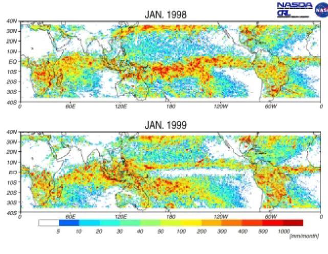 Εικόνα 2.7.9: Κατανομή βροχόπτωσης τον Ιανουάριο του 1998 και 1999 (1998: Εl Nino, 1999: Κανονικό έτος) (Πηγή: NASDA).