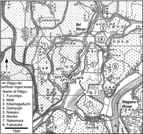 96 /+, -, +23,,/ / + Hori et al,*++ Fig - Old topographic map of the study area The former course of the Ibi River was displaced by civil engineering during the Meiji Era ( +202 +3+, ) Artificial