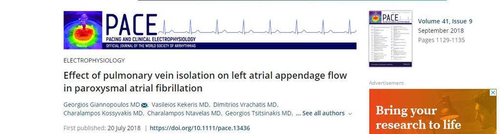 30 ασθενείς RF or cryoablation. TΕΕ baseline και 3 μήνες μετά την κατάλυση όπου μετρήθηκαν οι ταχύτητες κένωσης στο ωτίο του αριστερού κόλπου. LAAEFV : 44.2 [38.