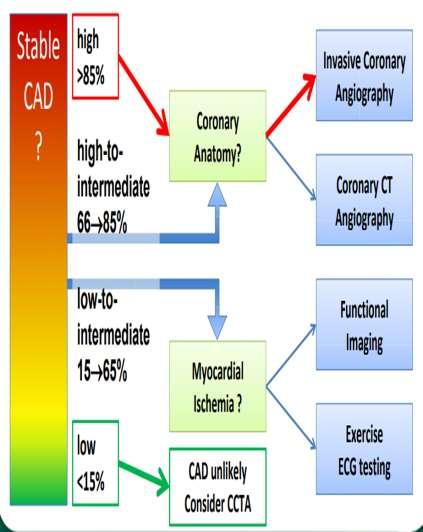 International guidelines recommendations AHA -FUNCTIONAL evaluation of myocardial ischemia (class I A ) with provisional CTA for those with inconclusive stress test or those unable to exercise ESC