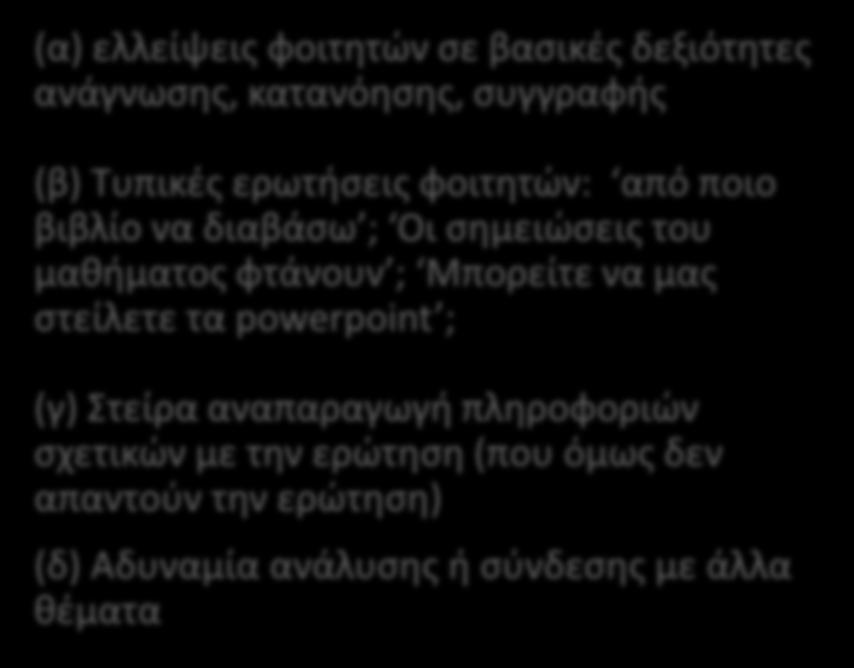 Ενδείξεις αδυναμίας (α) ελλείψεις φοιτητών σε βασικές δεξιότητες ανάγνωσης, κατανόησης, συγγραφής (β) Τυπικές