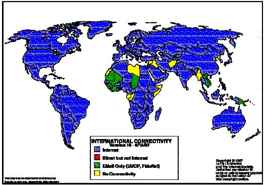 Η κατάσταση σύνδεσης ανά χώρα 15/6/1997 Μπλε: Πλήρης σύνδεση στο Internet Πράσινο: Μόνο e-mail