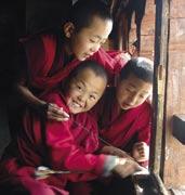 Thaktsang Monastery in Paro, Bottom (L to R): Young monks at Wandicholing Palace, verdant terraced fields, a carved dragon on Thimphu Dzong Το µοναστήρι Thaktsang στο Paro.