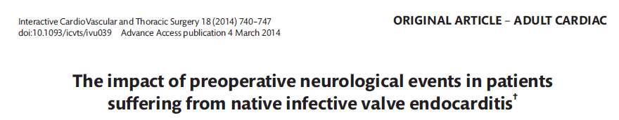 Between 1997 and 2012, a total of 495 patients underwent valve surgery for the treatment of NVE. Of these, 70 (14.1%) suffered from NVE complicated by an acute neurological event. 425 (85.