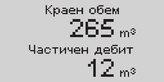 Дебити Показват се Краен обем (от започването на работа) и Частичен дебит (от последното нулиране).