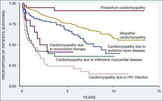 FIGURE 68-3 Variable survival in patients with dilated cardiomyopathy depending on underlying etiologic basis. HIV = human immunodeficiency virus.