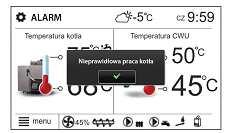 įspėjimo signalas (ALARM). Po to pagrindiniame lange pasirodo informacija apie įspėjimo signalą.