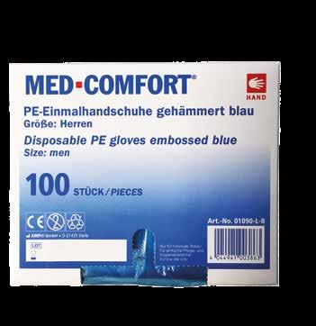 kategorija Direktiva PSA 89/686 / EEC (prenesena u PSA uredbu EU 2016/425) Duljina: 300 mm Dimenzije kutije: 210 x 160 x 10 mm 01090-L-B Med-Comfort PE reljefne rukavice Ne sadržavaju proteine koji
