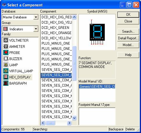 2.2.10.pav. Komponentų parinkimo langas. Atidarytame komponentų parinkimo lange (2.2.10.pav.) vykdome komandas HEX_DISPLAY/SEVEN_SEG_COM_A_BLUE/OK.