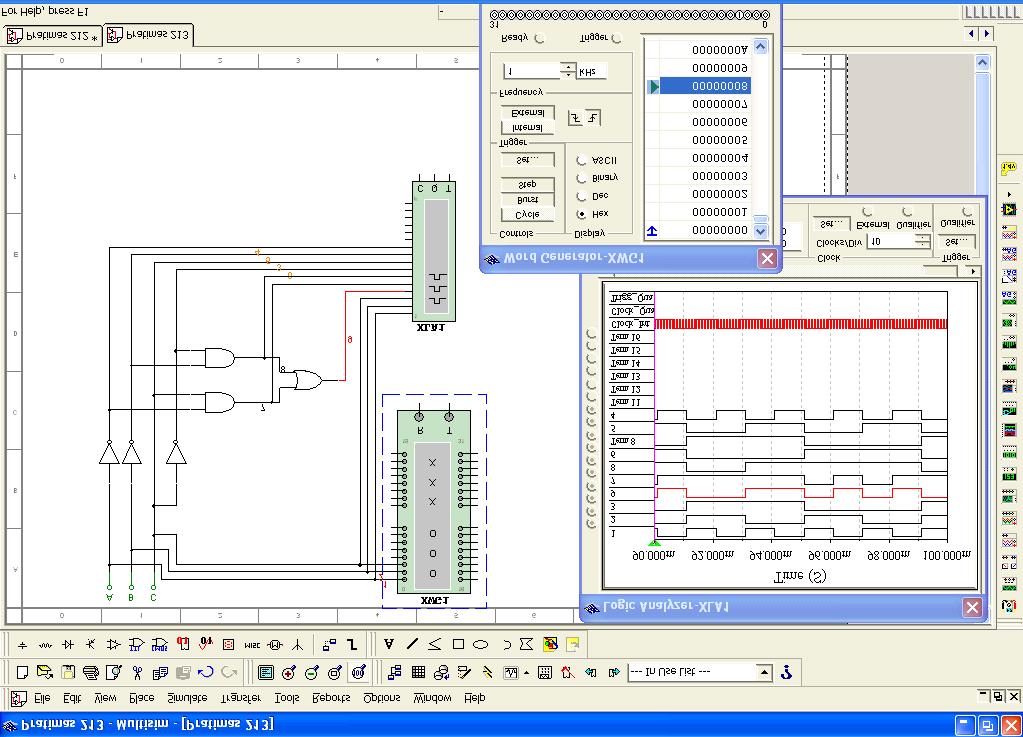 langas, atlikus loginės schemos simuliavimą, pavaizduotas 4.5.3.pav. Programos MultiSIM langas, atlikus loginės schemos simuliavimą.