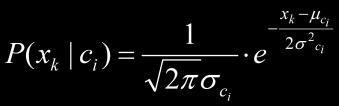 Naivný Bayesovský klasifikátor (2) Pravdepodobnosti P(X c i ) možno pri predpoklade nezávislosti jednotlivých atribútov A i vypočítať nasledovne: Pre kategorické atribúty A k : N o i,k je počet tých