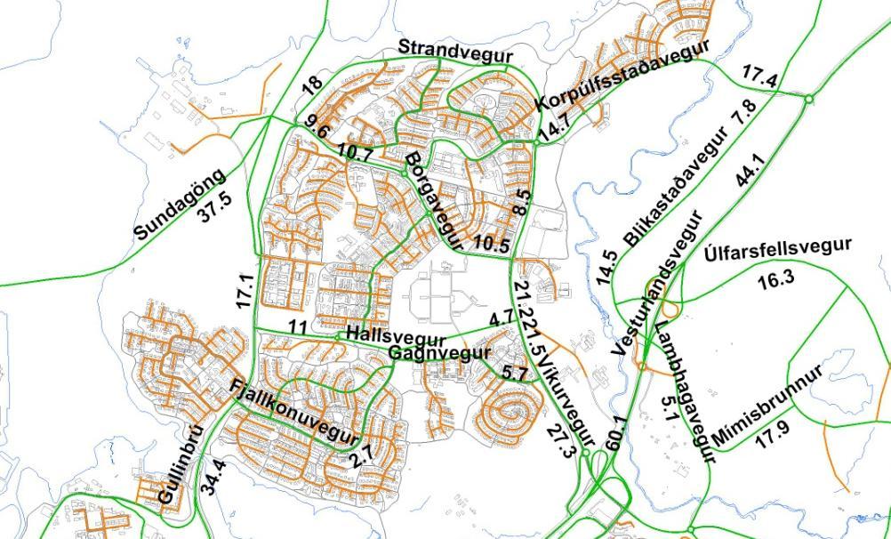 bílum á dag en á Lambhagavegi um rúm 4 þús. bílum á dag. vegna tilkomu Úlfarsfellsvegar (Mynd 9.5 og Mynd 9.6). Mynd 9.5 Kostur 2a, 0-kostur með Sundagöngum.