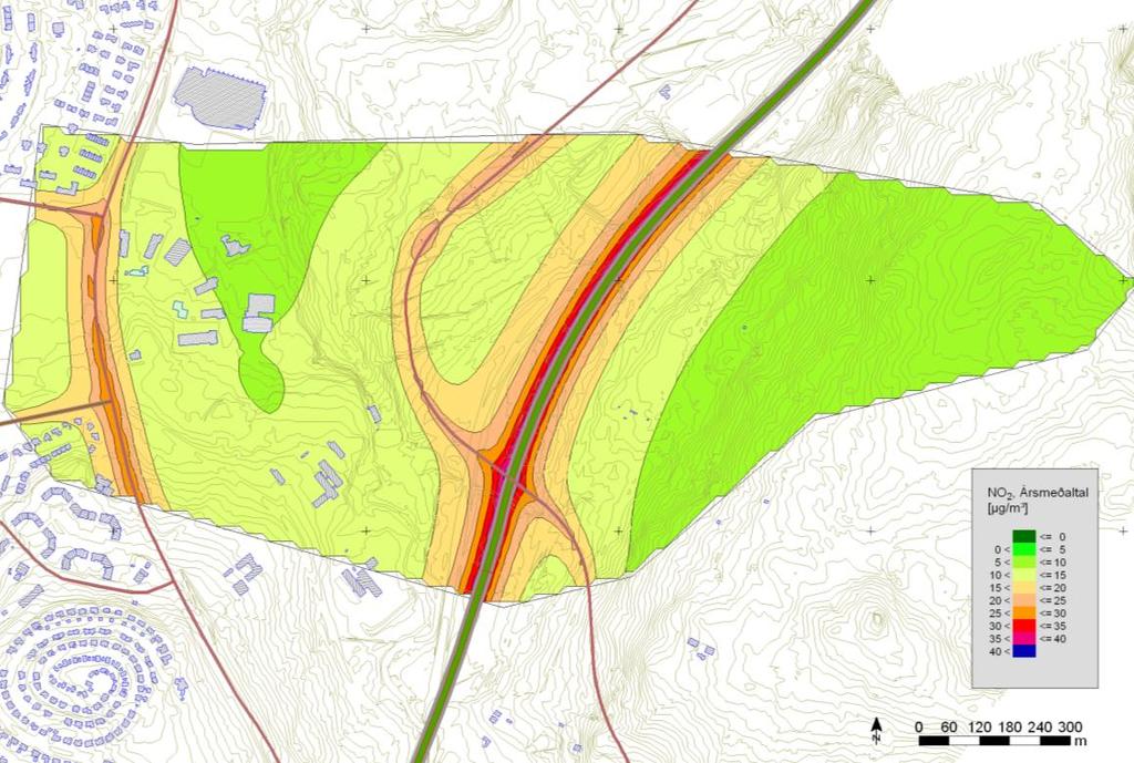 Mynd 11.6: Núllkostur. Köfnunarefnisdíoxíð NO 2. Ársmeðaltal 2024 í μg/m 3. Heilsuverndarmörk eru 30 μg/m 3 (rauður litur). 11.7 