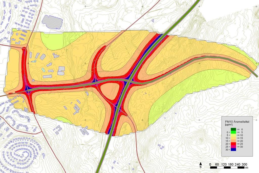 Mynd 11.8: Valkostur 1b. Svifryk PM 10. Ársmeðaltal 2024 í μg/m 3. Heilsuverndarmörk eru 20 μg/m 3 (rautt, bleikt og blátt er yfir mörkum). 11.7.