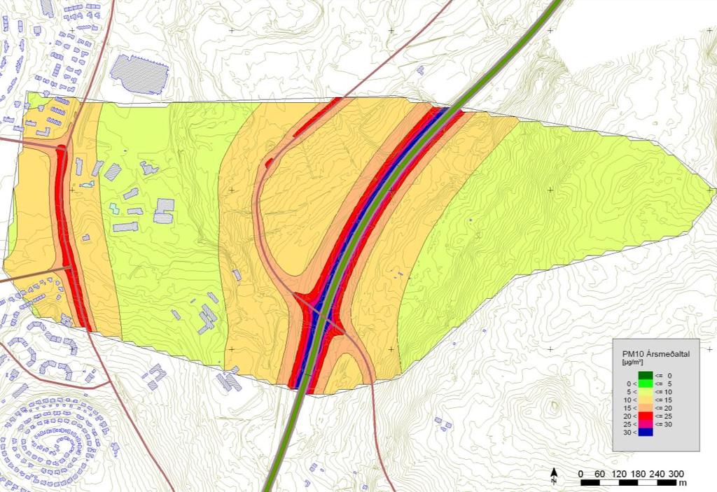 Mynd 11.9: Núllkostur. Svifryk PM 10. Hæsti meðalstyrkur sólarhrings árið 2024 undir 98 % líkindum (7 sólarhringar gætu orðið hærri).