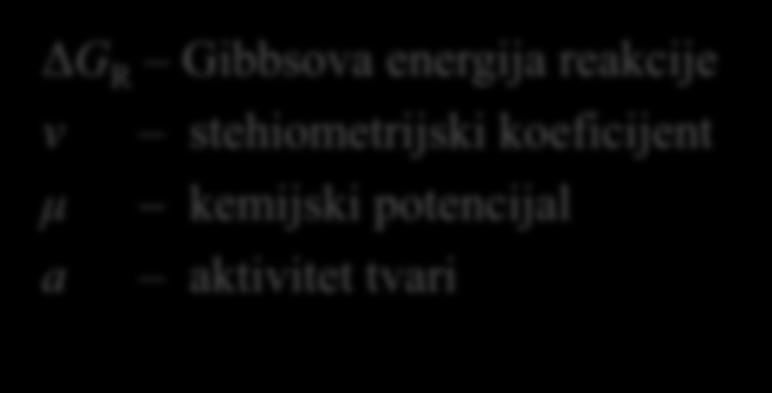 ma nb oc pd GR ii j j i PR j RE RT ln a O i i i ΔG R Gibbsova energija reakcije ν stehiometrijski koeficijent μ kemijski